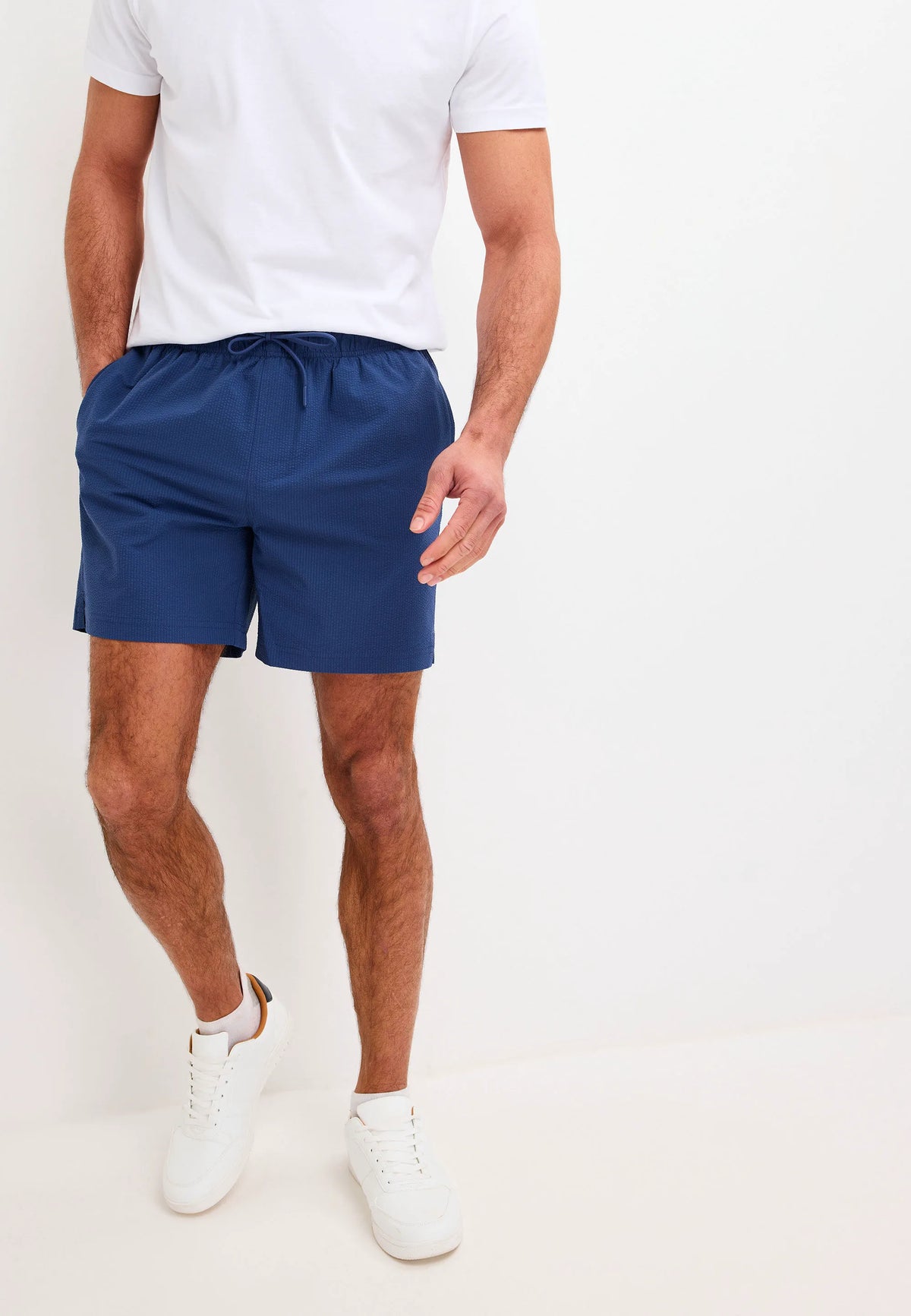 Mens Navy Seersucker Swim Shorts