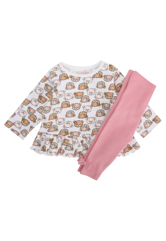 Baby Girls Cream Bear Print Peplem Top & Leggings Set