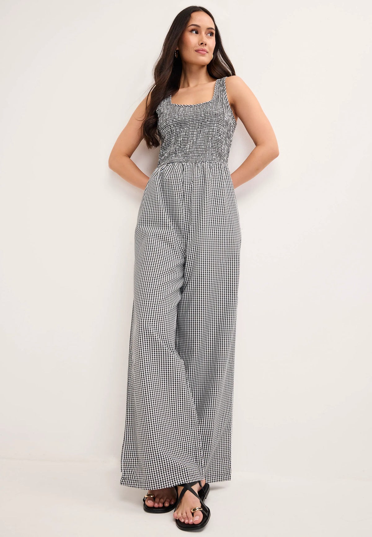 Womens Black & White Gingham Shirred Jumpsuit