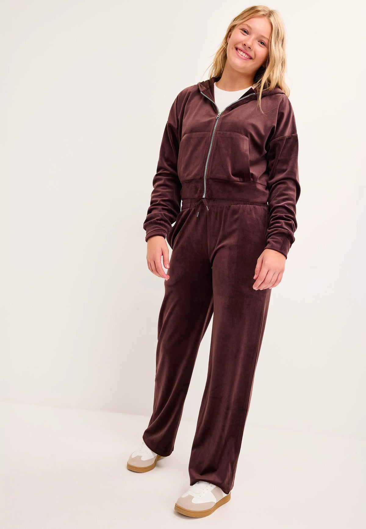 Older Girls Chocolate Brown Velour Zip Through Top