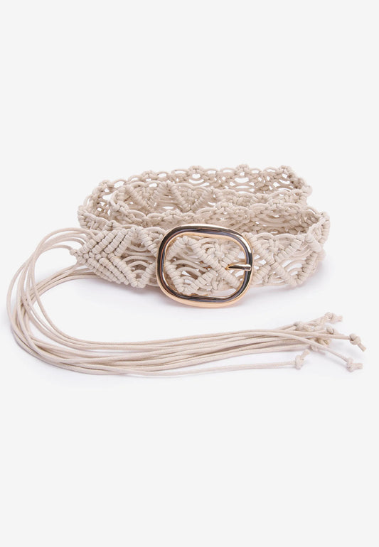 Womens Cream Crochet Tassel Belt