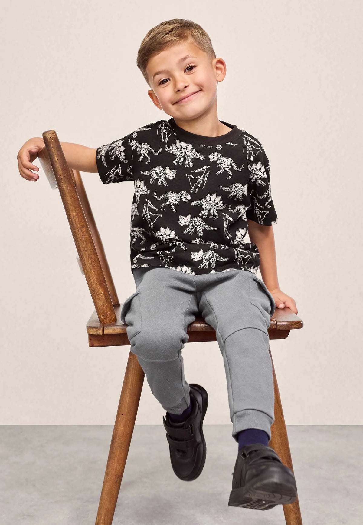 Younger Boys Black Cotton Dinosaur Print T-Shirt