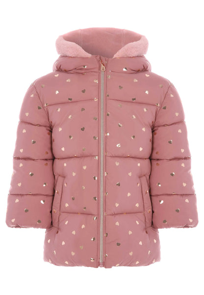 Younger Girls Pink Heart Print Padded Coat with Hood