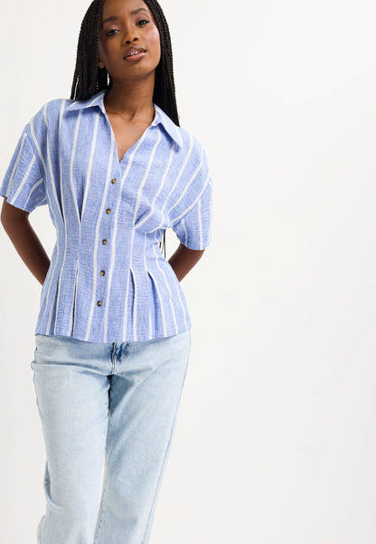 Womens Blue Stripe Waisted Shirt