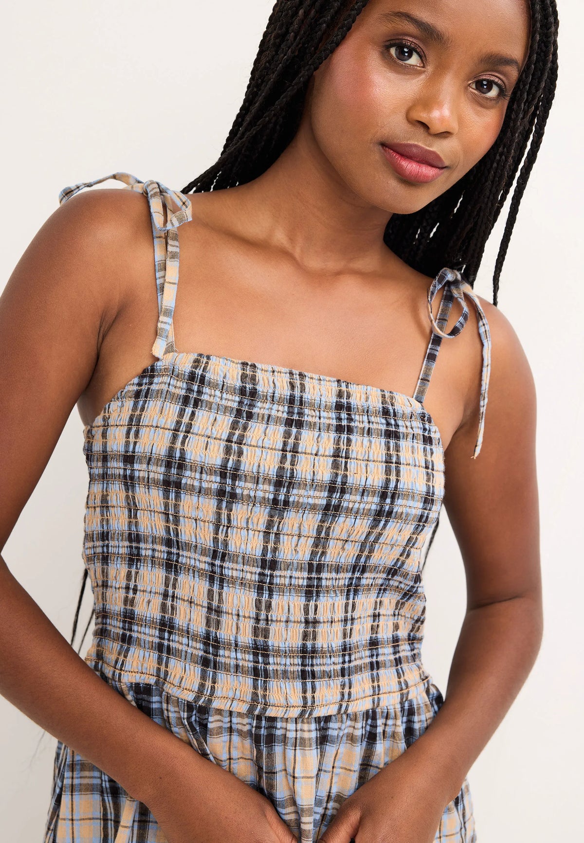 Womens Blue & Tan Check Print Strappy Midi Dress