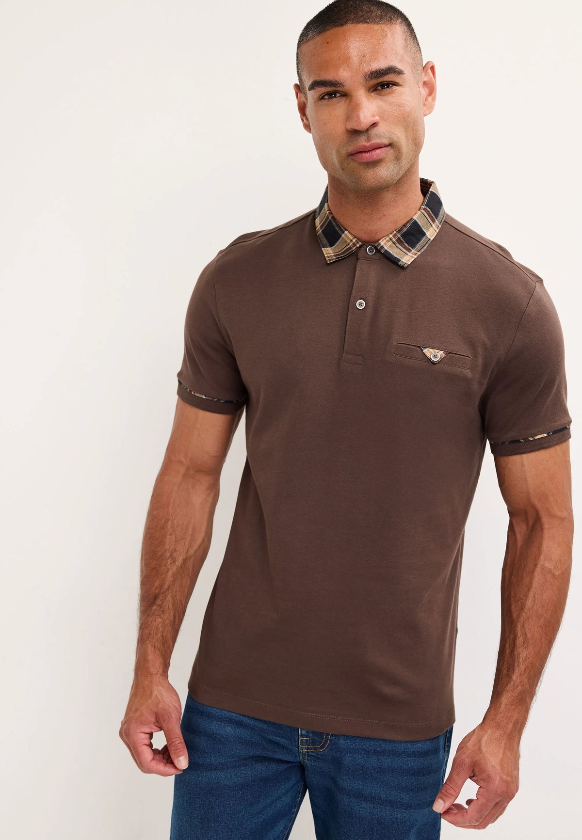 Mens Brown Woven Check Collar Polo Shirt