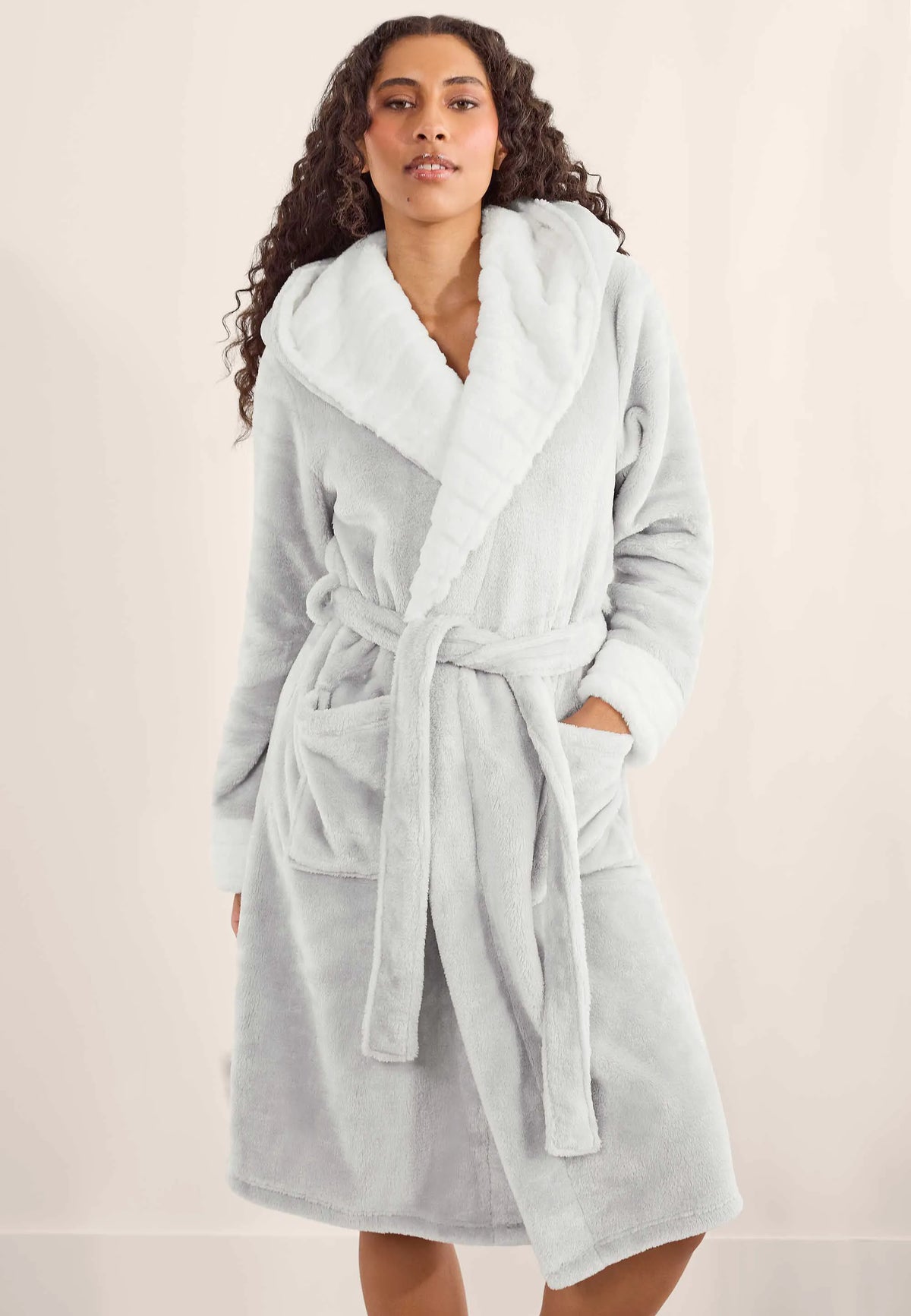 Womens Grey Sherpa Hooded Dressing Gown