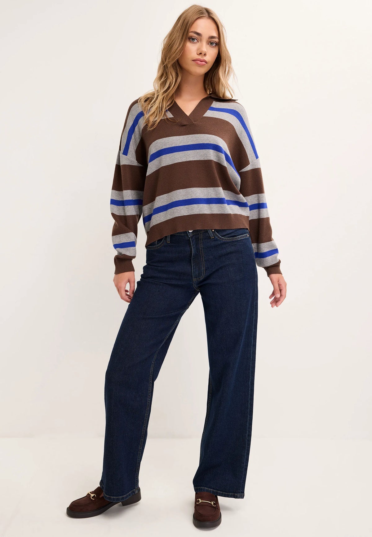 Womens Brown Stripe Collar Jumper