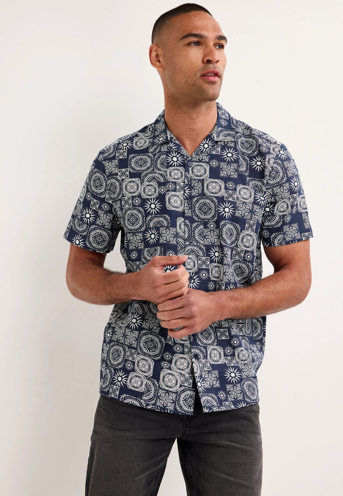 Mens Navy Tile Print Cotton Shirt