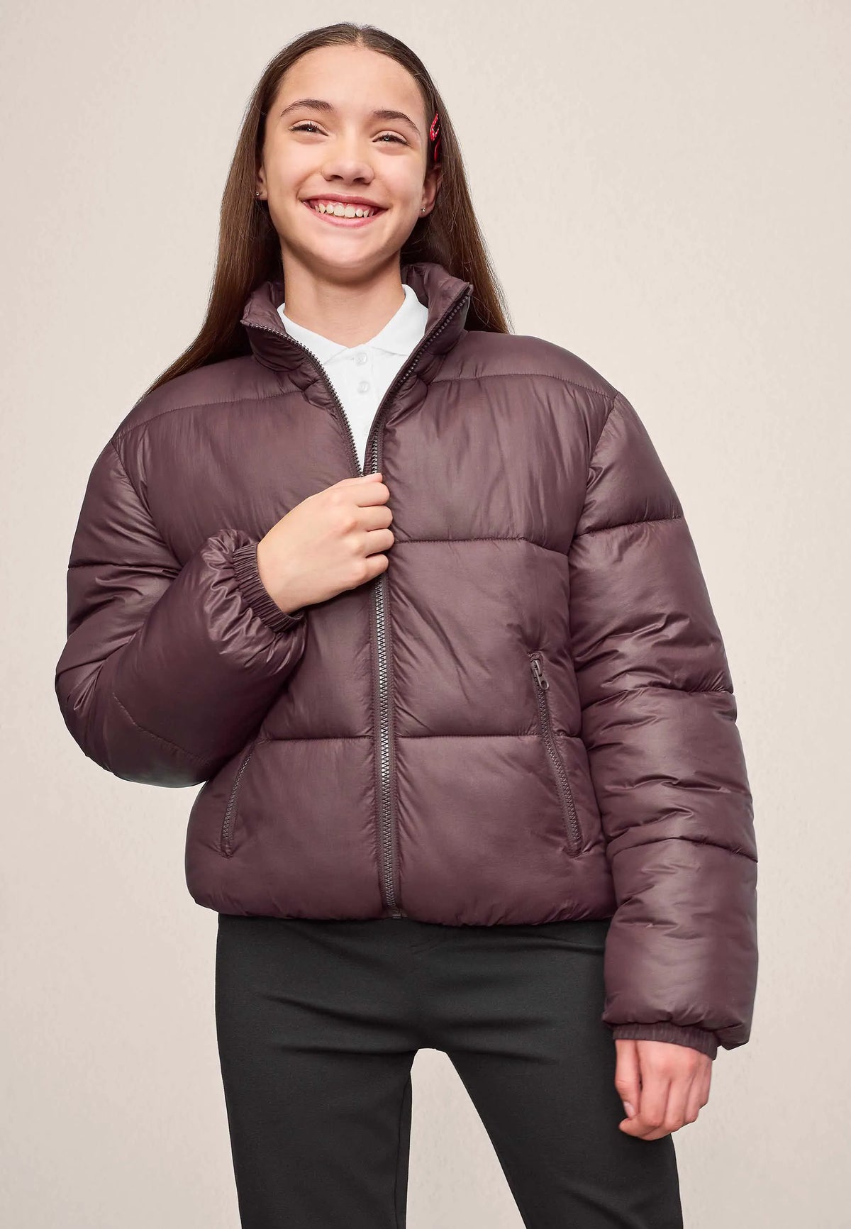 Older Girls Chocolate Brown Short Padded Sheen Coat