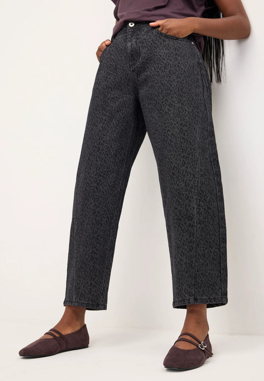 Womens Grey Leopard Print Barrel Jeans