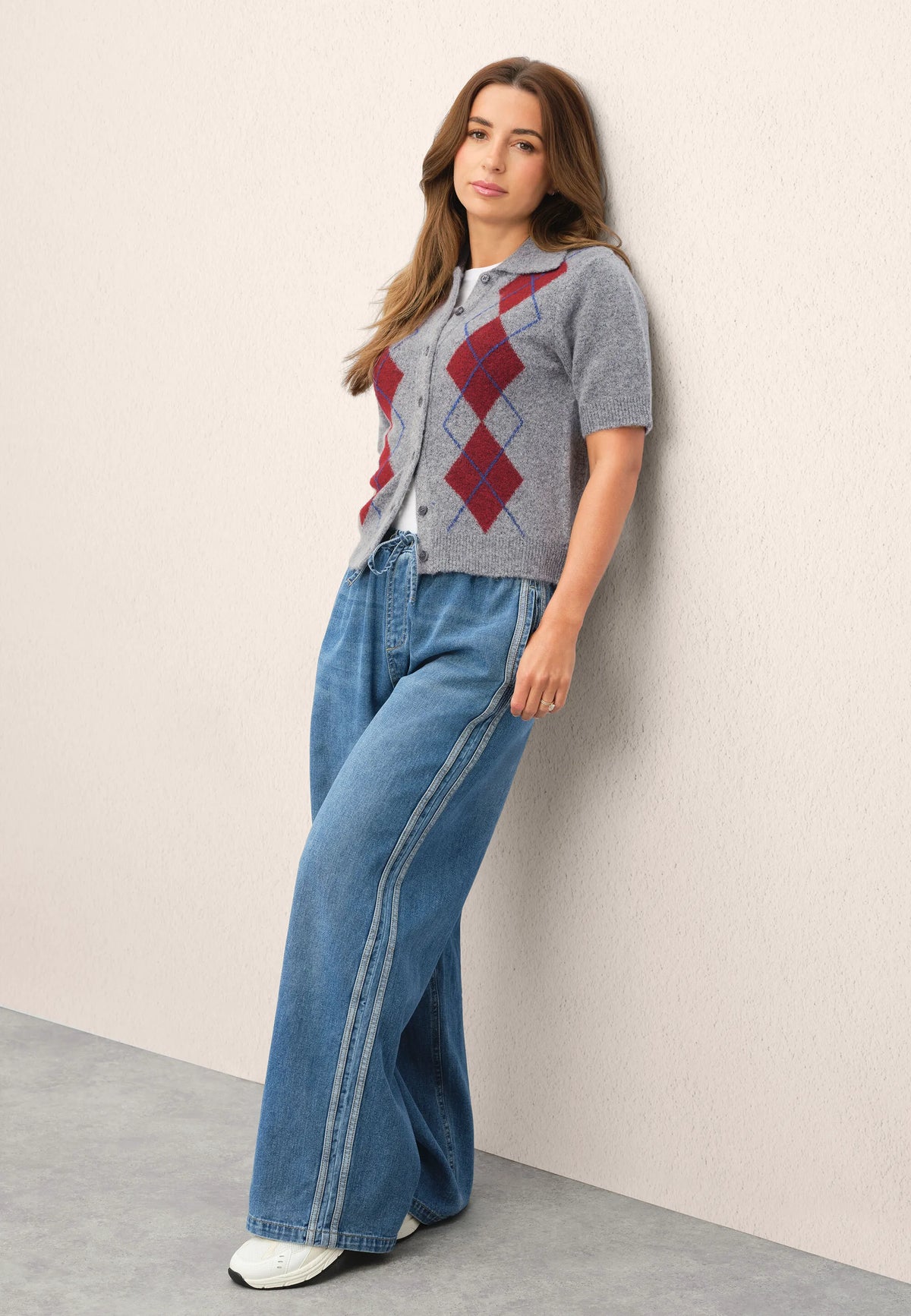 Womens Grey Argyle Collar Cardigan