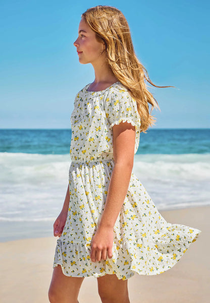 Older Girls White & Yellow Floral Dress