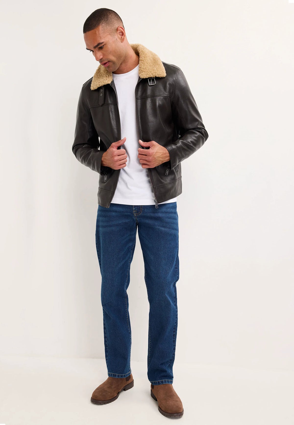 Mens Brown Faux Leather Aviator Jacket