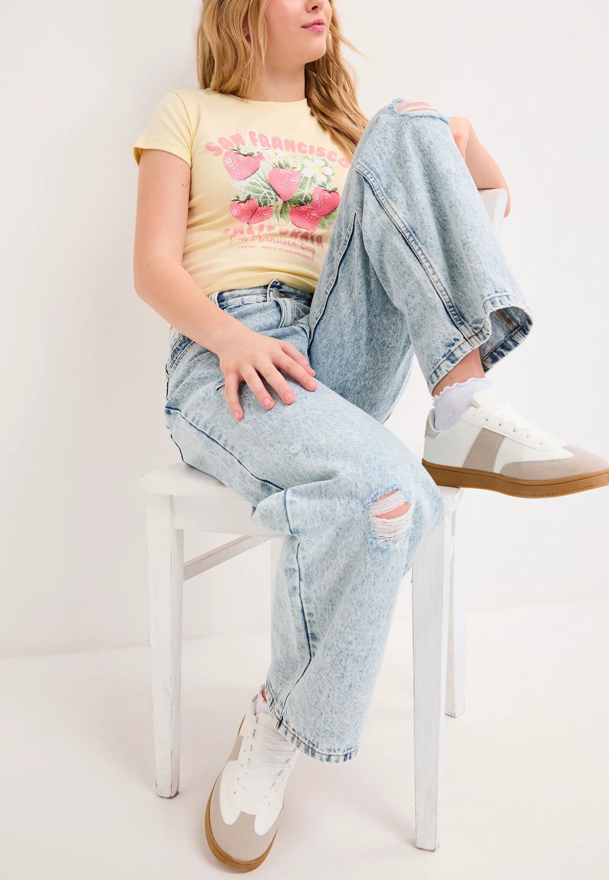 Older Girls Blue Extreme Ripped Wide Leg Jeans