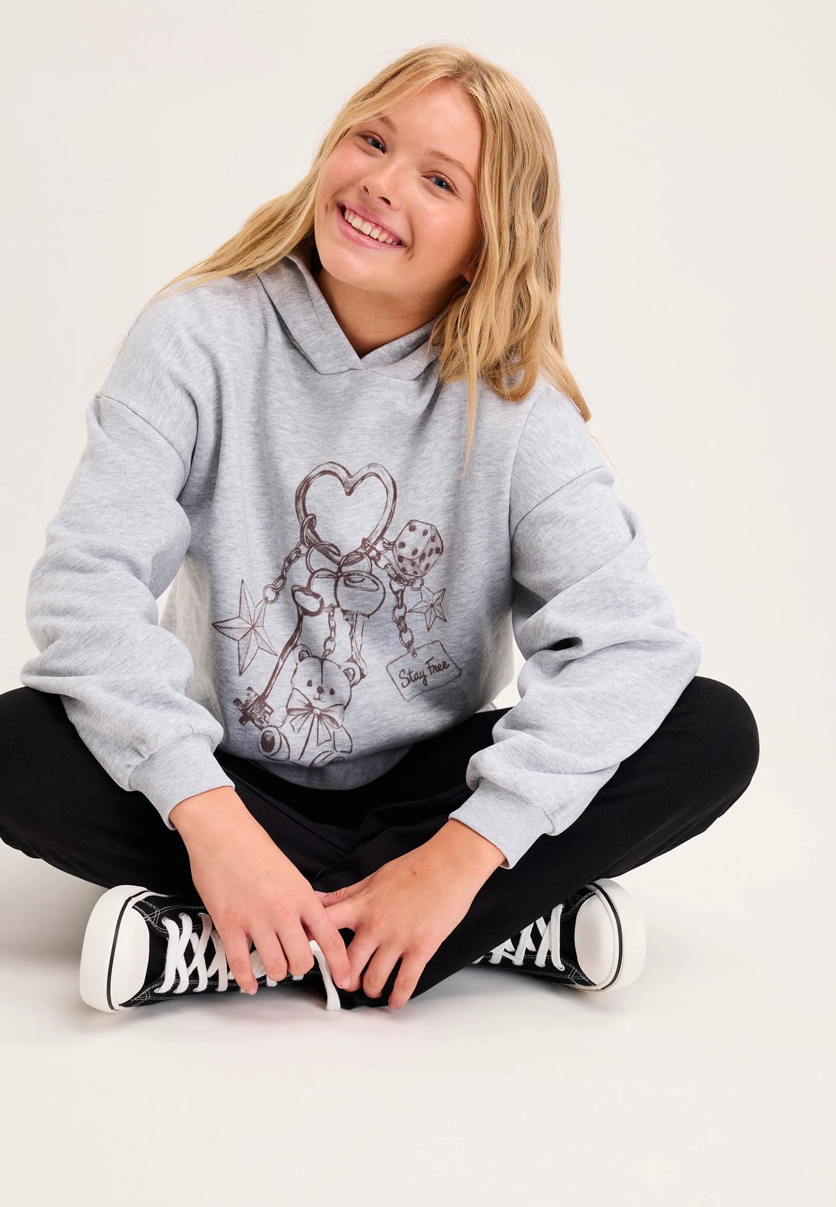Older Girls Grey Bear Keyring Oversized Hoodie
