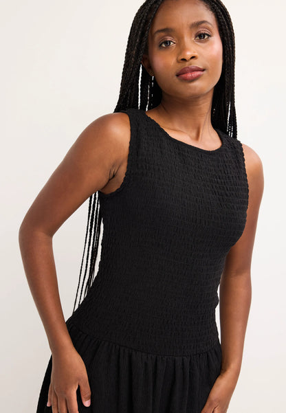 Womens Plain Black Shirred Drop Waist Midi Dress