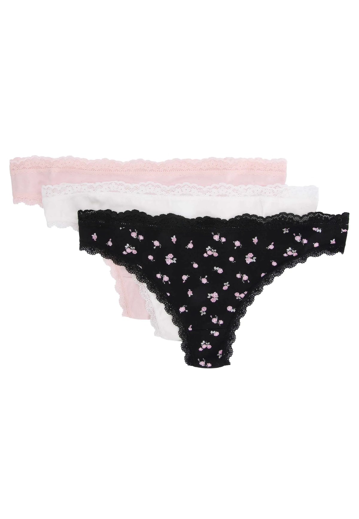 Womens 3pk Black Rose Lace Trim Thongs
