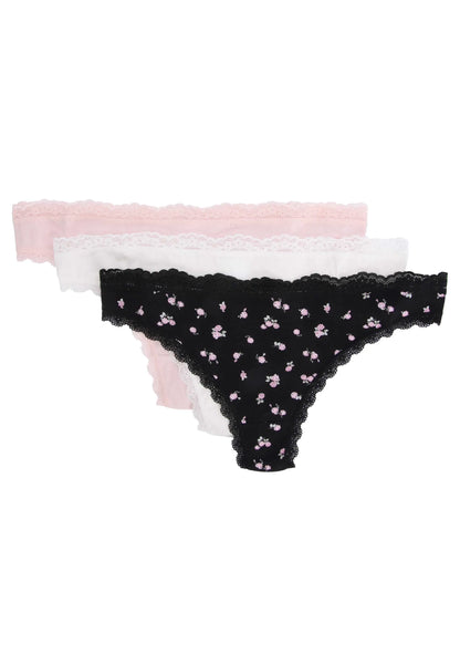 Womens 3pk Black Rose Lace Trim Thongs