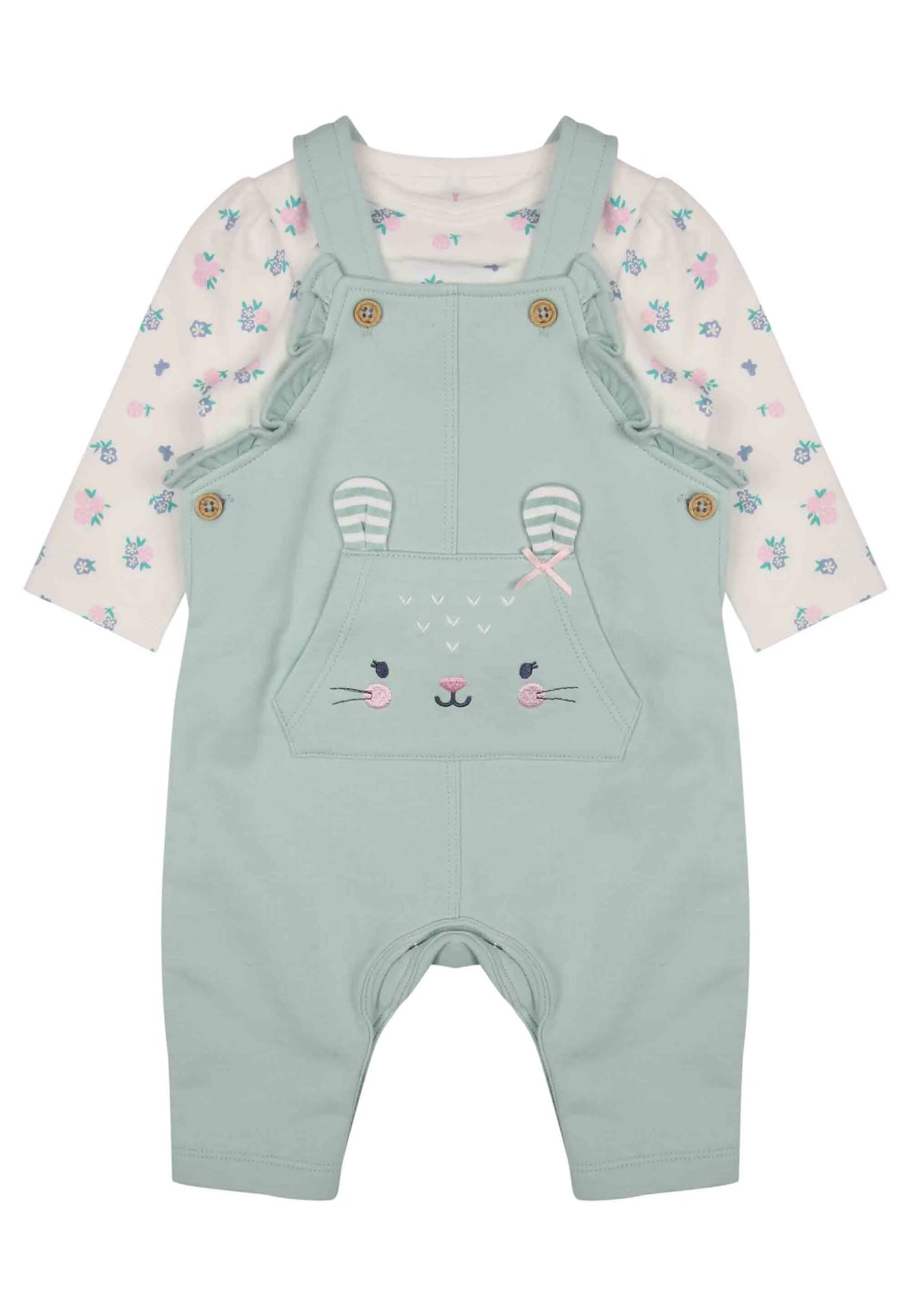 Baby Girls Mint Bunny Dungaree & Floral Top Set