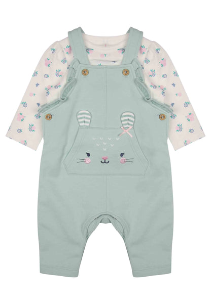 Baby Girls Mint Bunny Dungaree & Floral Top Set