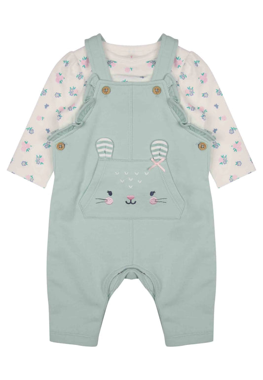Baby Girls Mint Bunny Dungaree & Floral Top Set