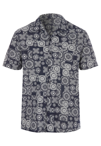 Mens Navy Tile Print Cotton Shirt