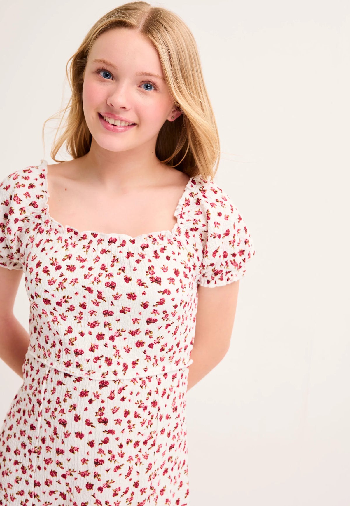 Older Girls White & Red Floral Short Sleeve Empire Dress