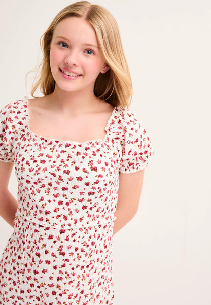 Older Girls White & Red Floral Short Sleeve Empire Dress