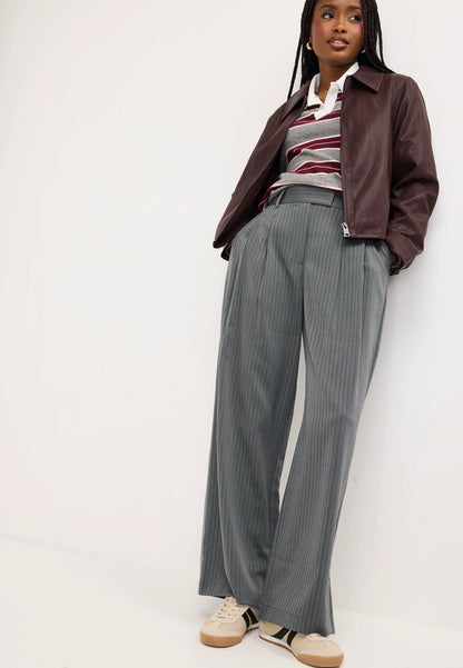 Womens Grey Herringbone Stripe Pleated Trousers