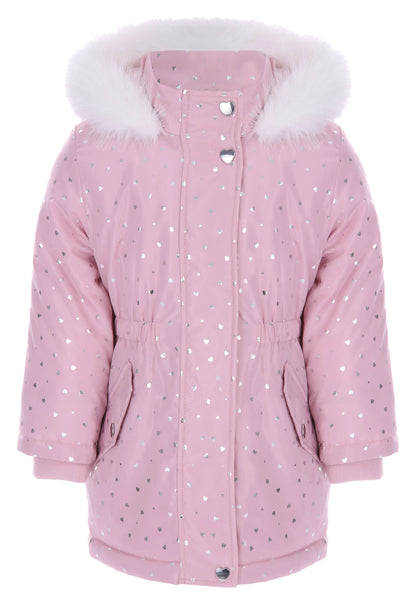 Younger Girls Pink Heart Print Padded Parka Coat