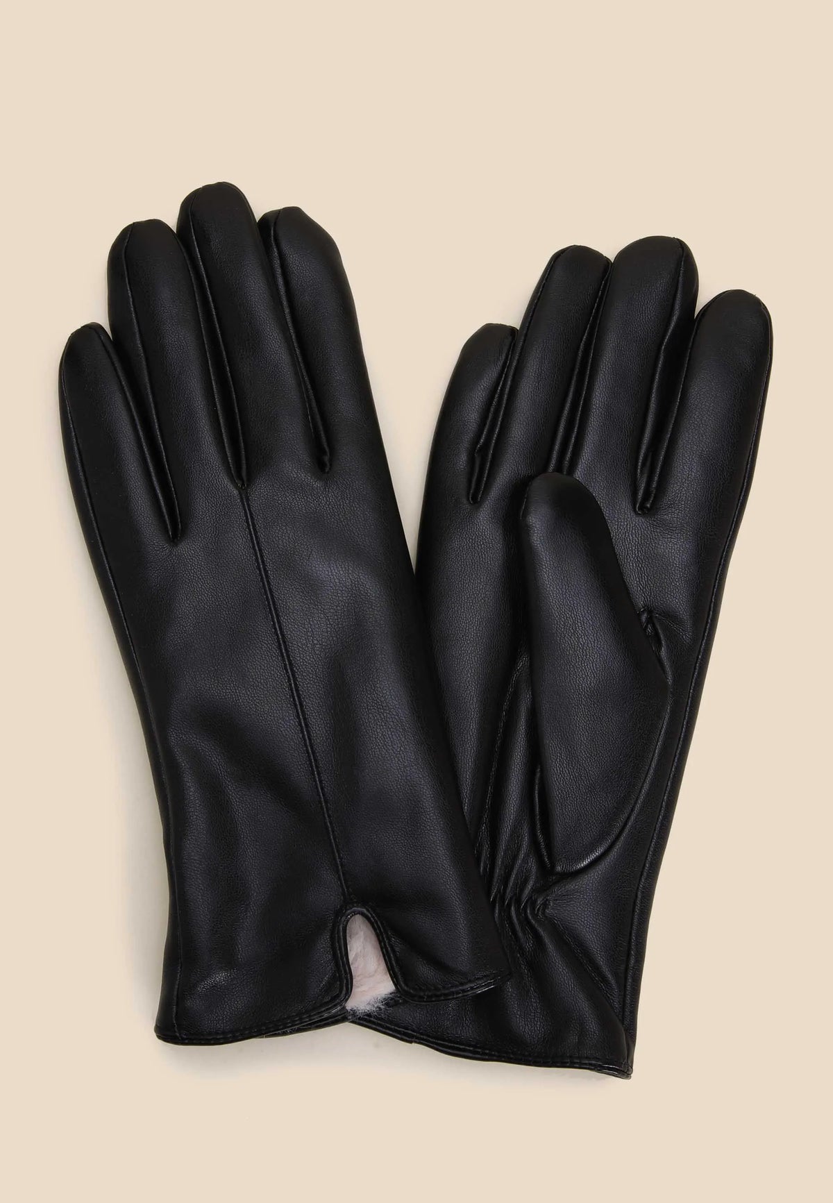 Womens Black Faux Leather Fluffy Lined Gloves