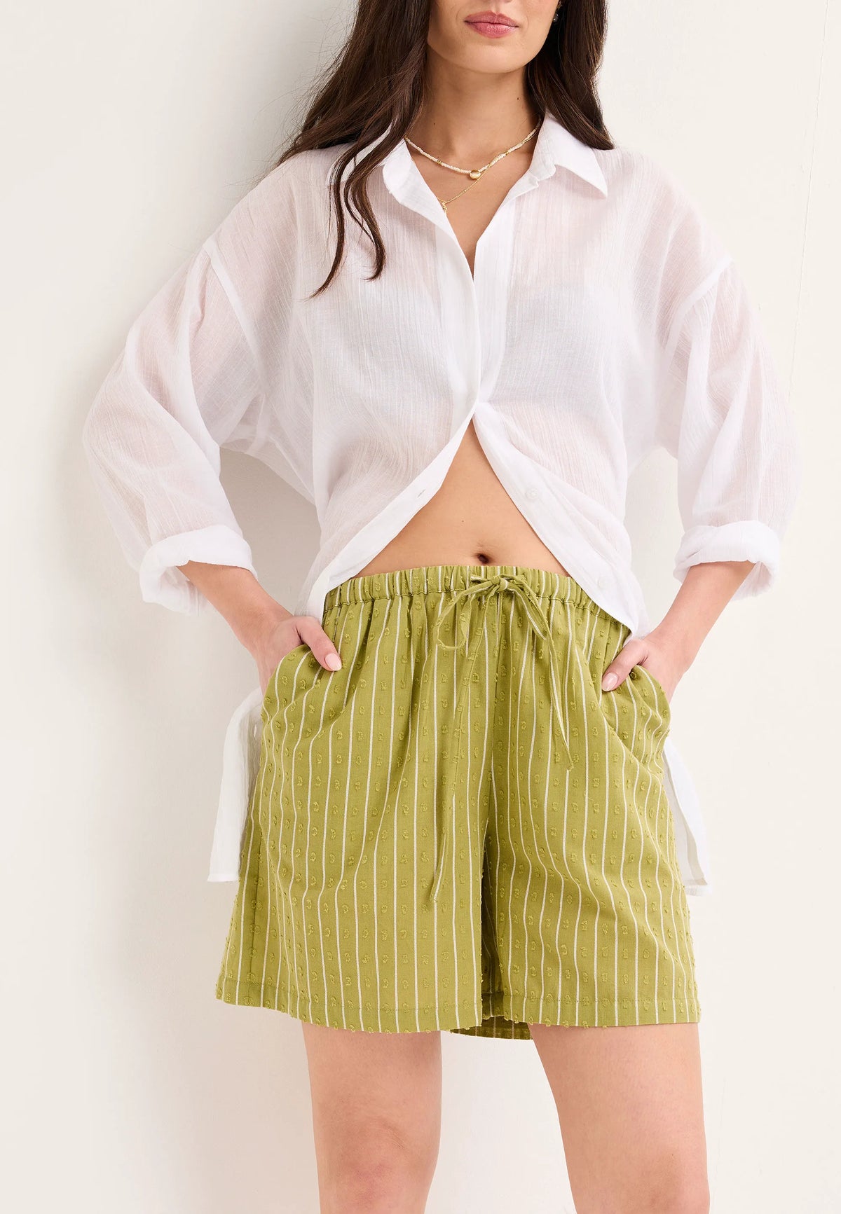 Womens Green Stripe Dobby Shorts