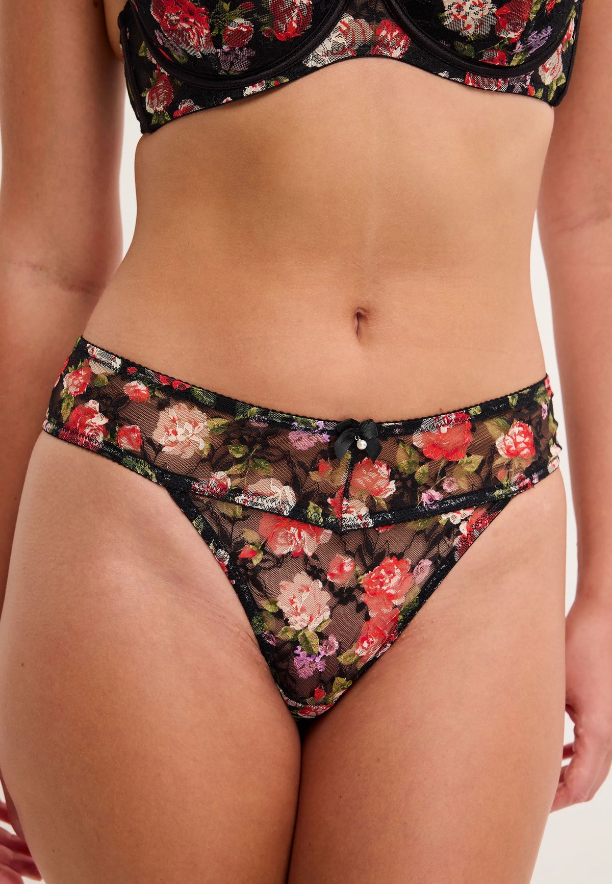 Womens Black Rose Lace Thong