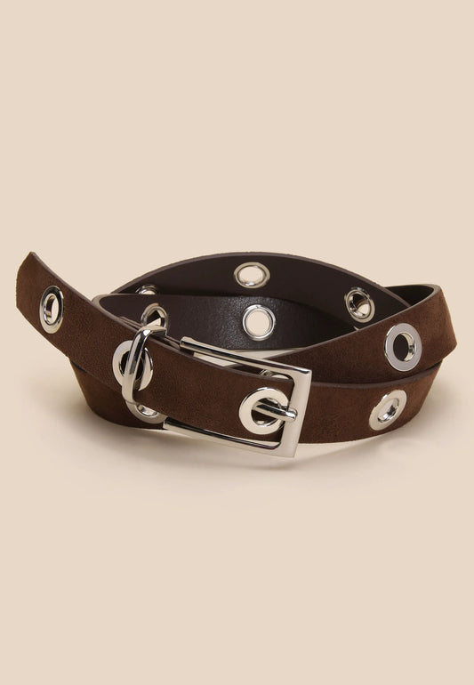 Womens Chocolate Brown Faux Suede Eyelet Belt