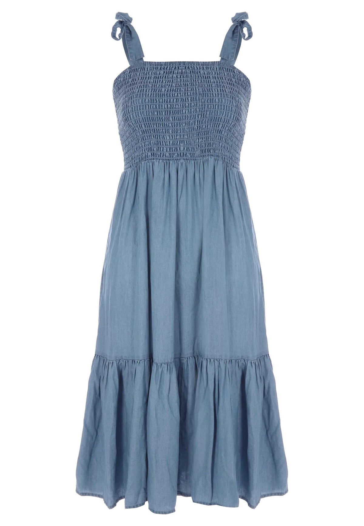 Womens Denim Look Shirred Tiered Dress