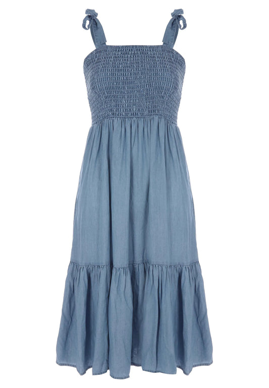Womens Denim Look Shirred Tiered Dress