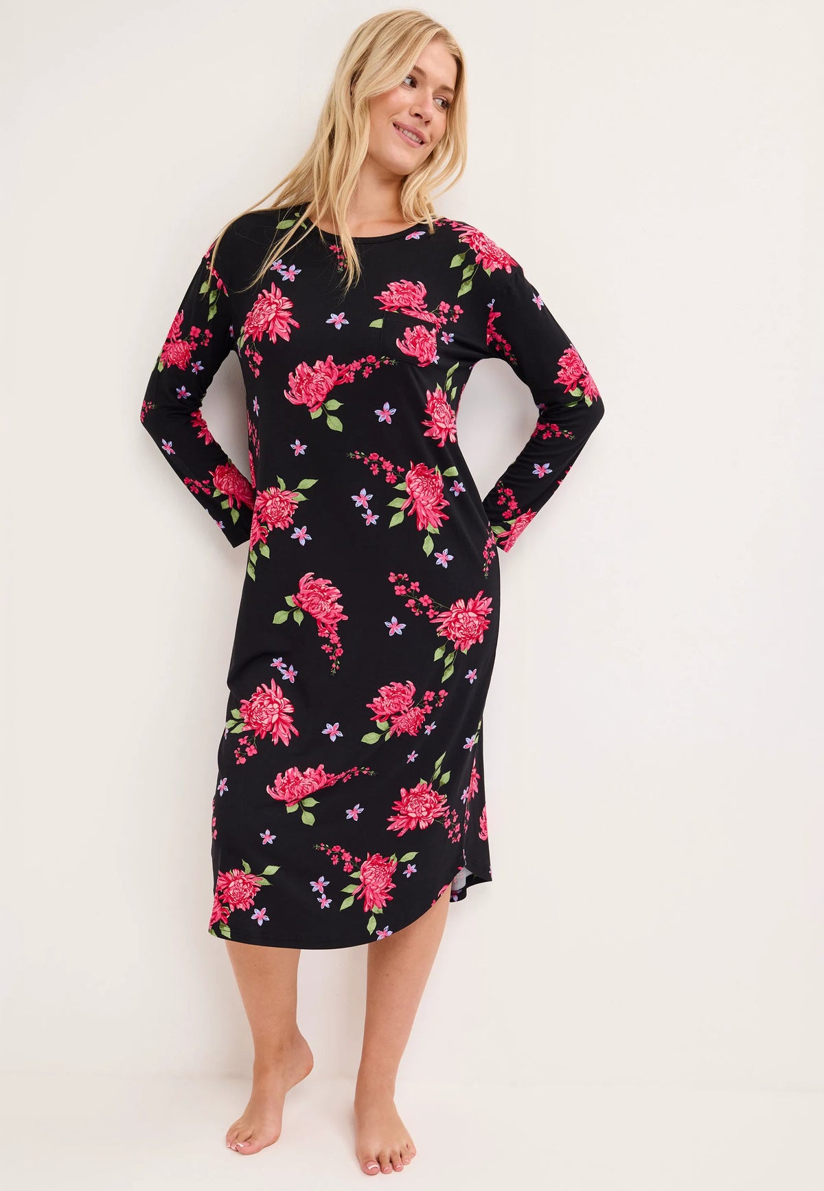 Womens Black Floral Long Nightdress