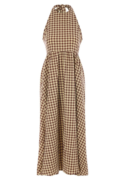 Womens Brown Gingham Halter Neck Midi Dress