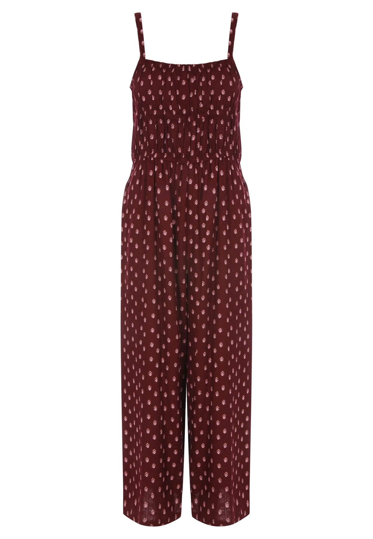 Womens Red Abstract Shirred Jumpsuit