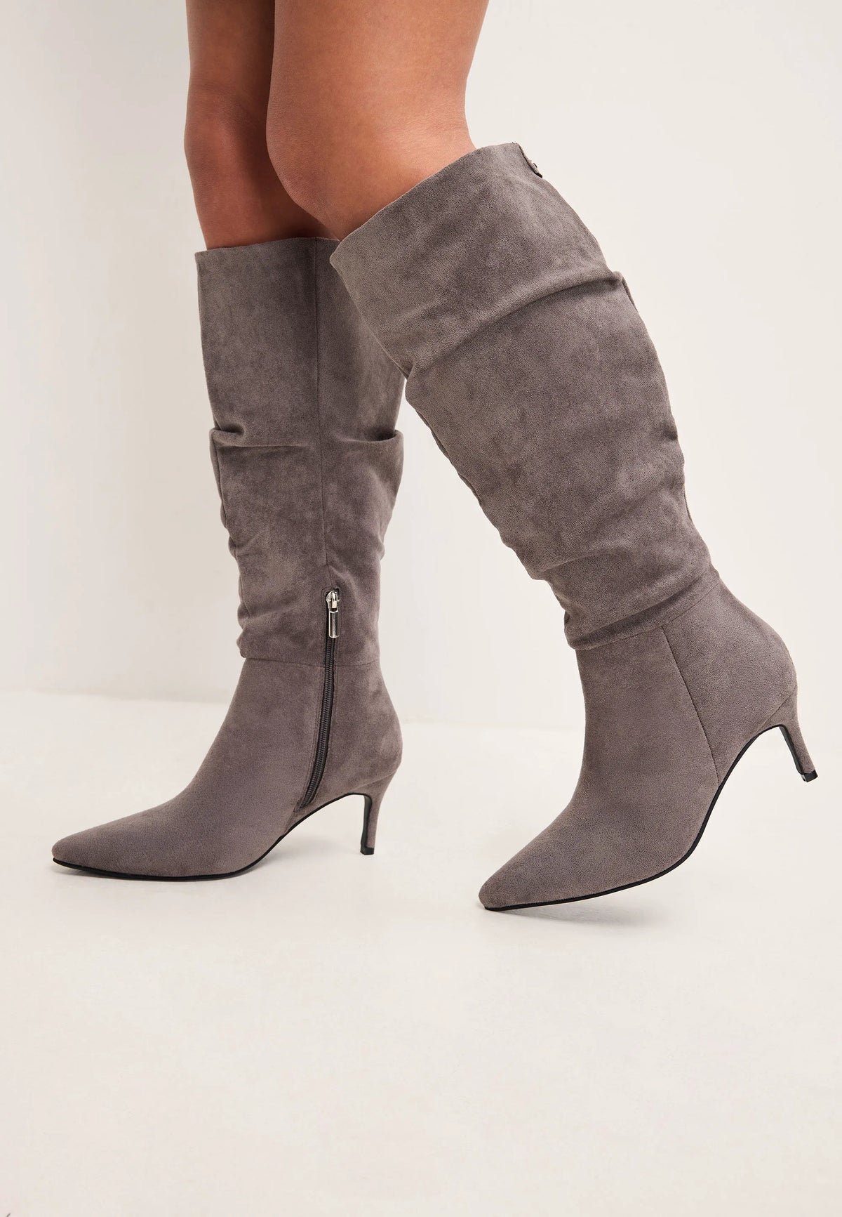 Womens Grey Ruched Knee High Stiletto Boots