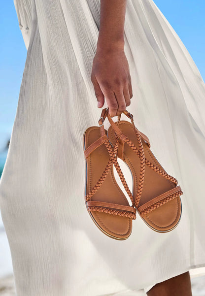 Womens Brown Braided Ankle Strap Sandals