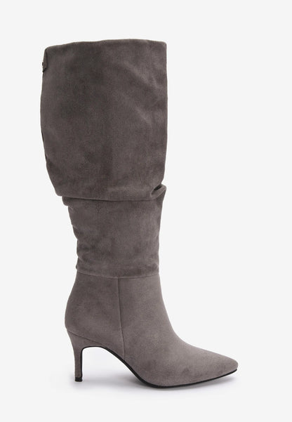 Womens Grey Ruched Knee High Stiletto Boots