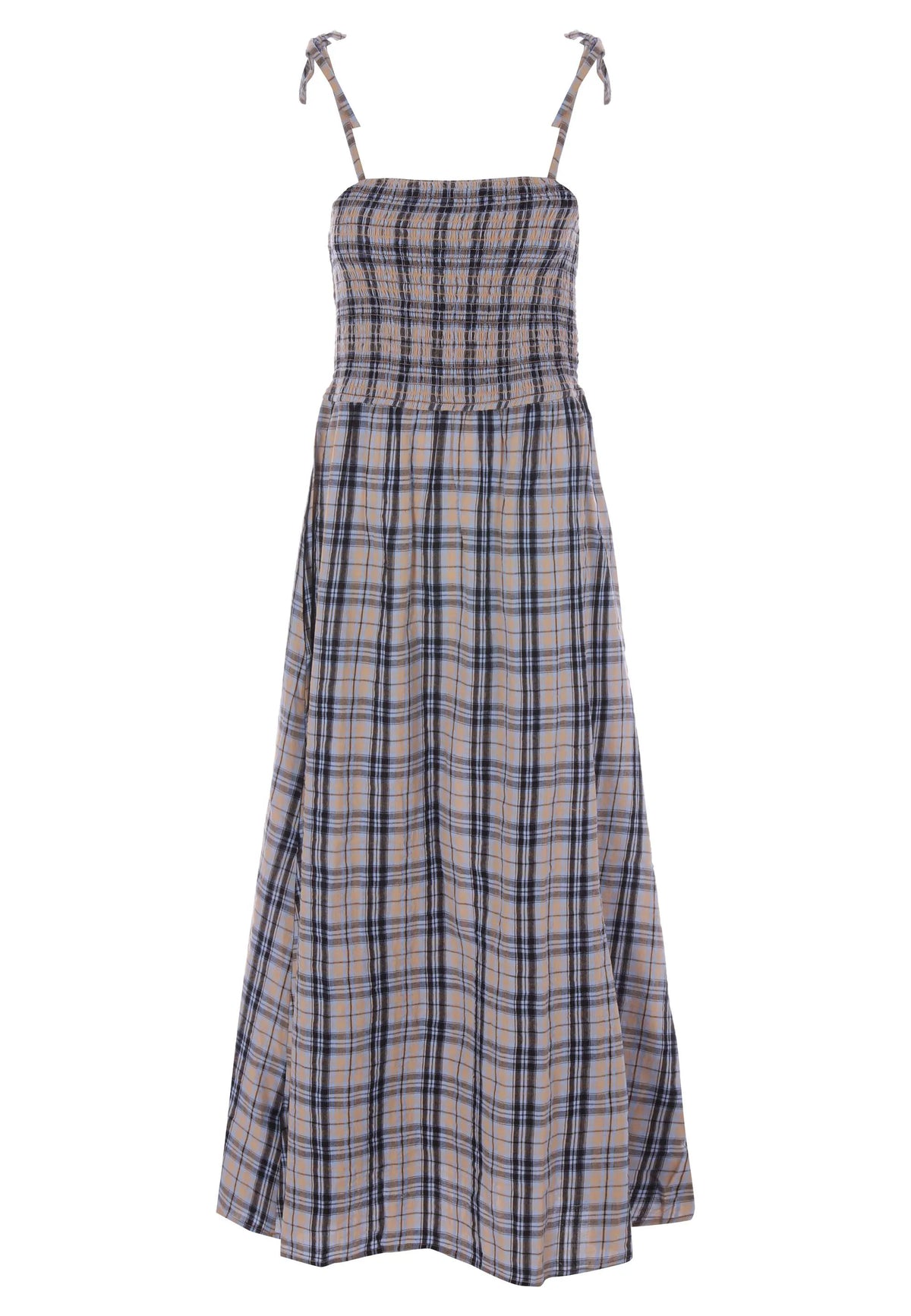 Womens Blue & Tan Check Print Strappy Midi Dress