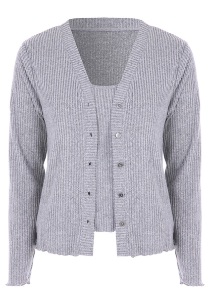 Womens Grey Ribbed Cardigan & Cami Pyjama Top Set