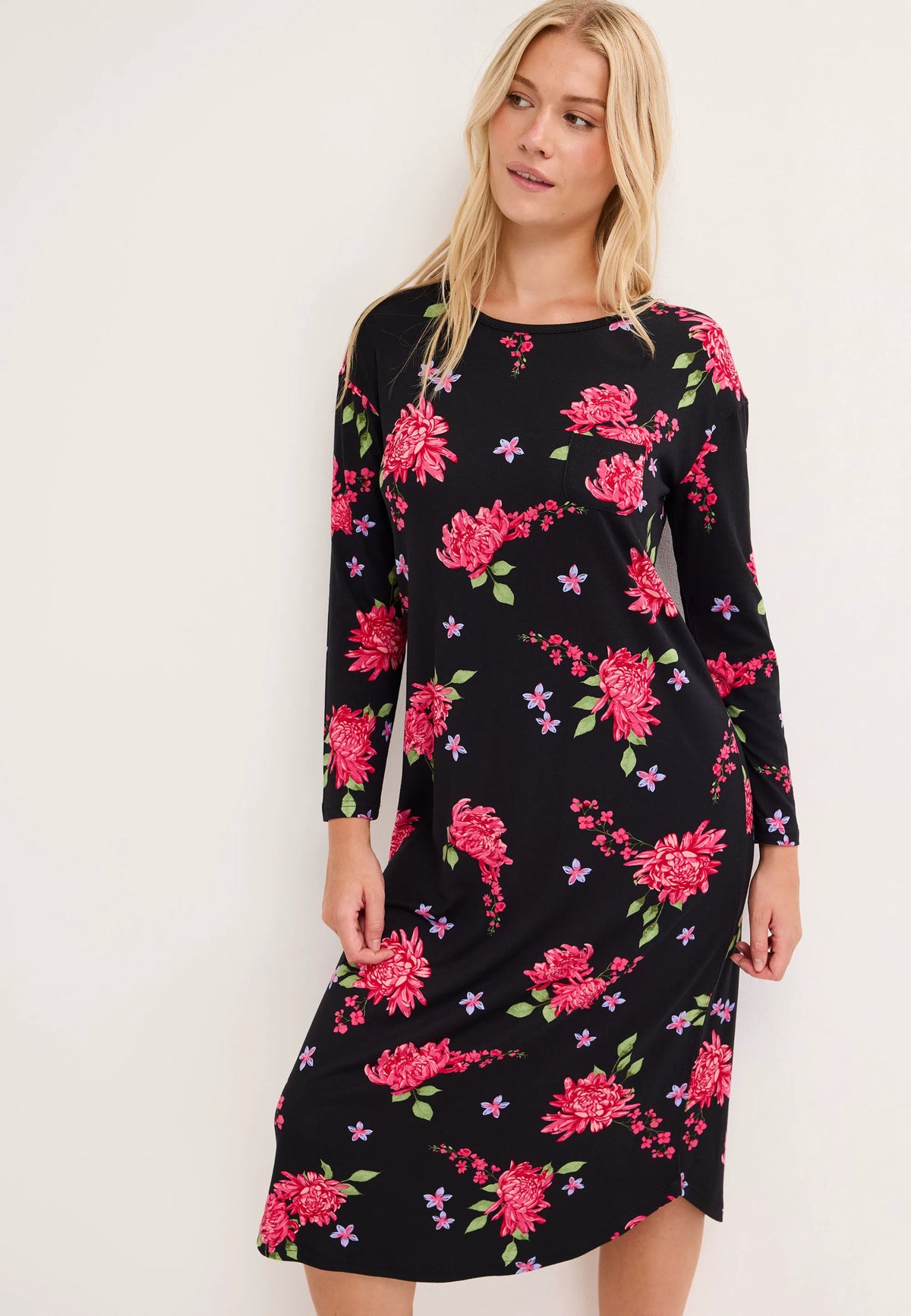Womens Black Floral Long Nightdress