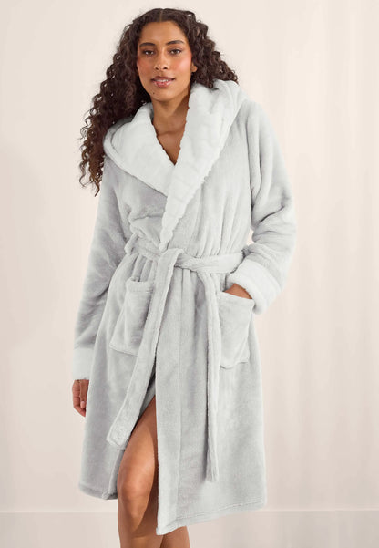 Womens Grey Sherpa Hooded Dressing Gown