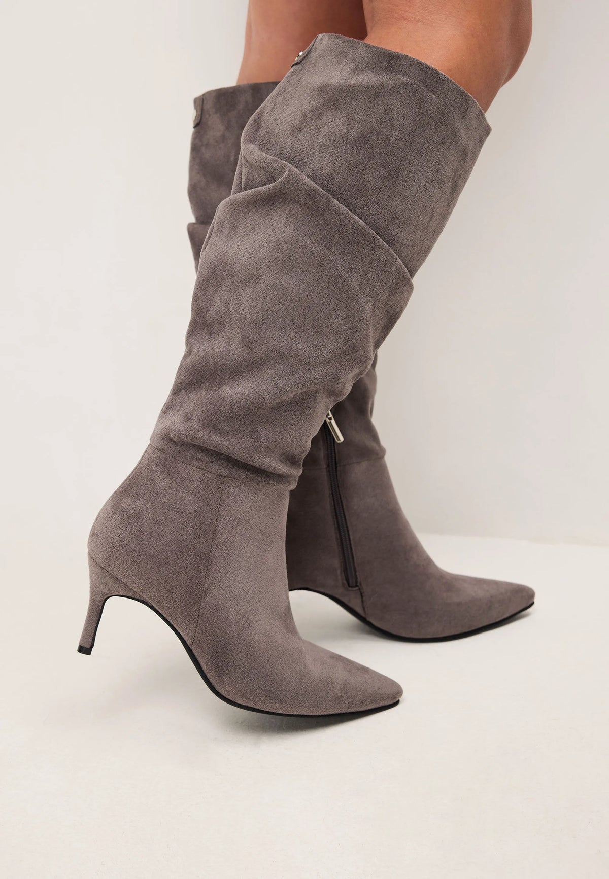Womens Grey Ruched Knee High Stiletto Boots
