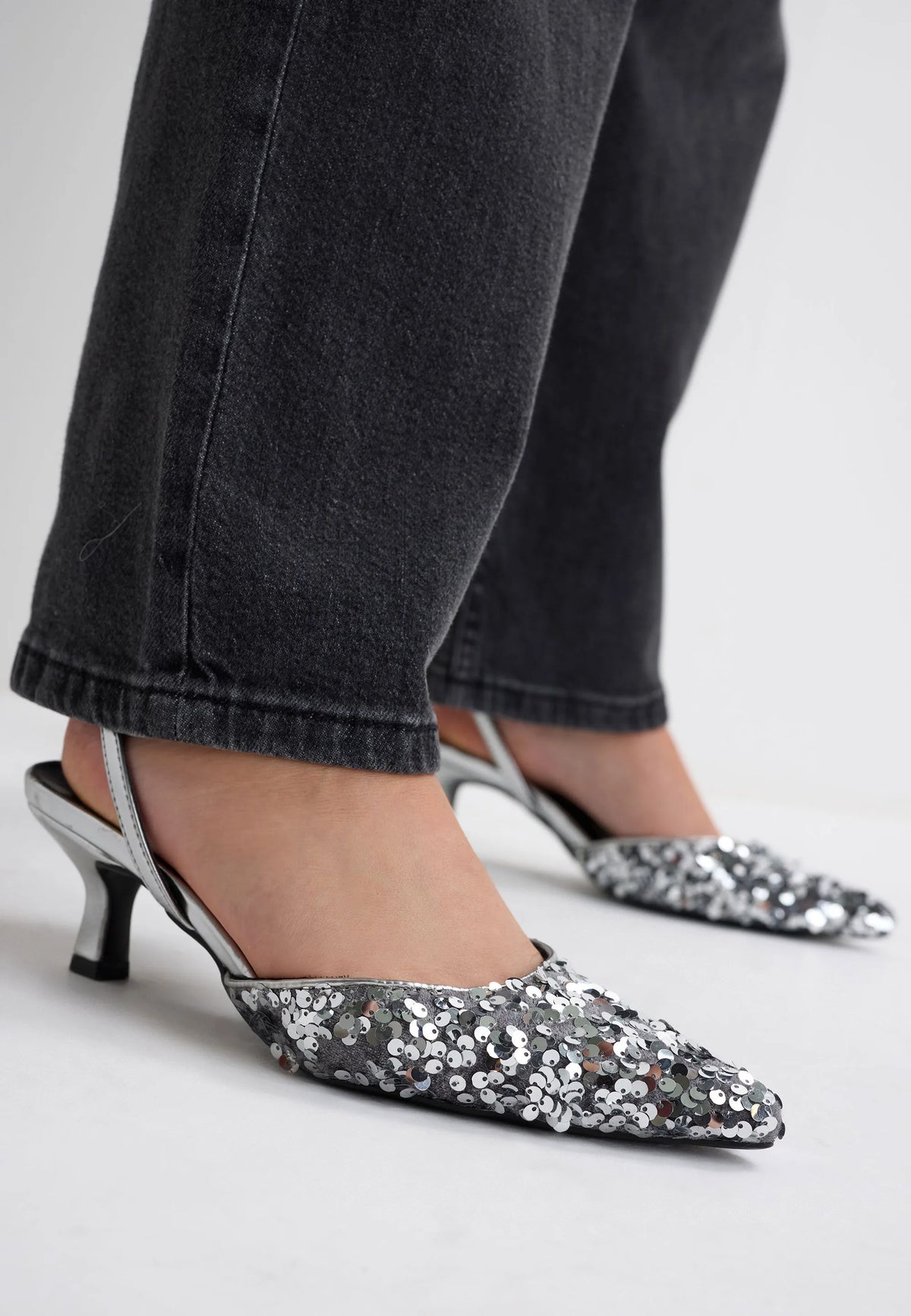 Womens Silver Sequin Kitten Heel Slingback Pumps