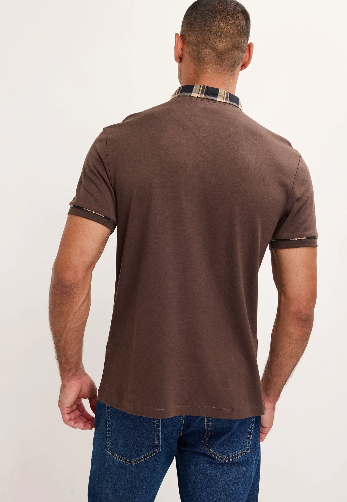 Mens Brown Woven Check Collar Polo Shirt